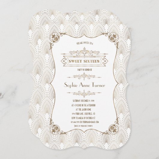 金ゴールドフルーアデリス素晴らしギャツビー20sスタイルスウィート16 招待状 (正面/裏面)