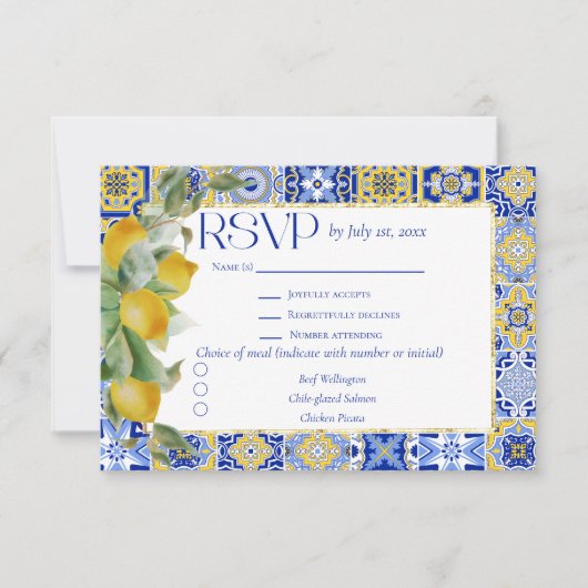 金ゴールドフレイタリアンームブルータイルレモンミール結婚ズ 出欠カード (正面)