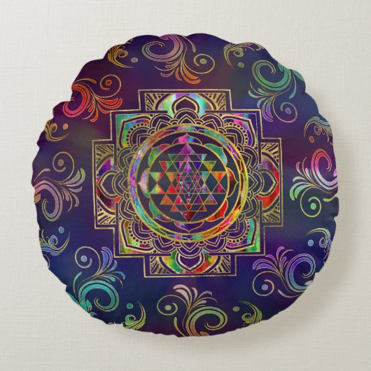 金ゴールドフレカラフルームスリヤントラスリチャクラ ラウンドクッション (正面)