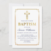 金ゴールドフレモダンームグリッターネイビーブルーバプテスマ 招待状 (正面)