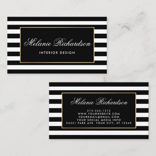金ゴールドフレームが付いているモダンな白黒ストライプ 名刺 (正面/裏面)