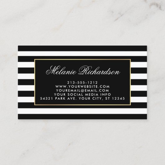 金ゴールドフレームが付いているモダンな白黒ストライプ 名刺 (裏面)