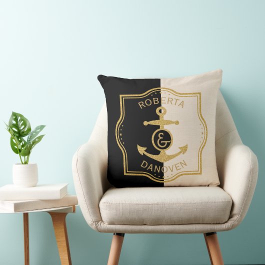 金ゴールドフレームといかりの背景（黒とベージュ） クッション (椅子)