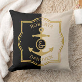 金ゴールドフレームといかりの背景(黒とベージュ) クッション (ブランケット)