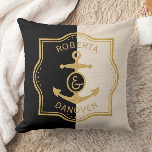 金ゴールドフレームといかりの背景（黒とベージュ） クッション (ブランケット)