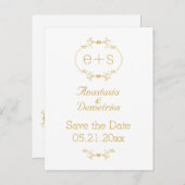 金ゴールドフレームとイニシャルウェディング日付を保存 案内ポストカード (正面/裏面)