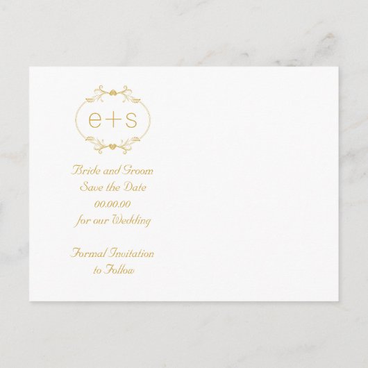 金ゴールドフレームとイニシャルウェディング日付を保存 案内ポストカード (裏面)