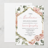 金ゴールドフレームとバラのベビーシャワースペインのin 招待状 (正面/裏面)