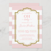 金ゴールドフレームとピンクのストライプOHベビーシャワー 招待状 (正面/裏面)