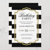 金ゴールドフレームとブラックストライプグリッター誕生日 招待状 (正面/裏面)
