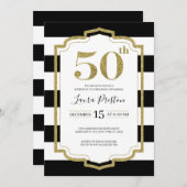 金ゴールドフレームとブラックストライプグリッター50誕生日 招待状 (正面/裏面)