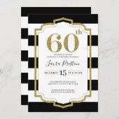 金ゴールドフレームとブラックストライプグリッター60誕生日 招待状 (正面/裏面)