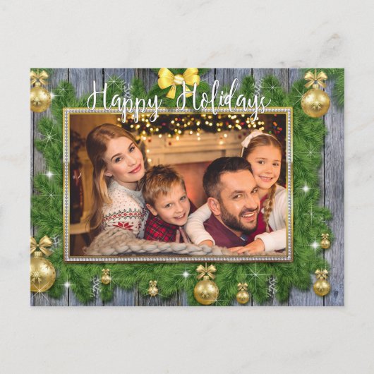 金ゴールドフレームと松の枝クリスマスフォト シーズンポストカード (正面)