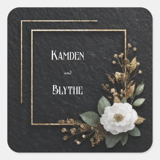 金ゴールドフレームと白カメリア結婚ズ スクエアシール (正面)