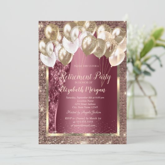 金ゴールドフレームのシークインバルーンバーガンディ退職 招待状 (スタンド正面)