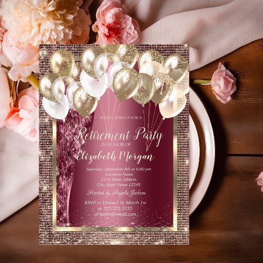 金ゴールドフレームのシークインバルーンバーガンディ退職 招待状