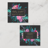 金ゴールドフレームのピンクの花の水彩画の化粧の正方形 スクエア名刺 (正面/裏面)