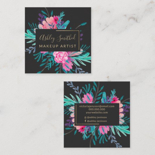 金ゴールドフレームのピンクの花の水彩画の化粧の正方形 スクエア名刺 (正面/裏面)