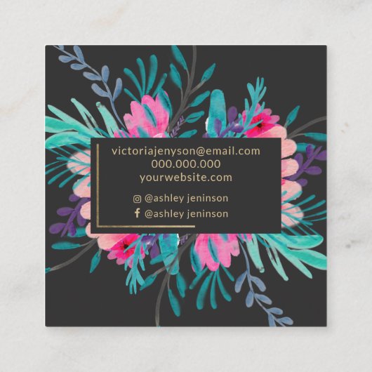 金ゴールドフレームのピンクの花の水彩画の化粧の正方形 スクエア名刺 (裏面)