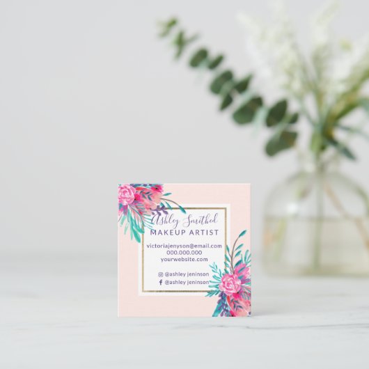 金ゴールドフレームのピンクの花の水彩画の化粧 スクエア名刺 (スタンド正面)