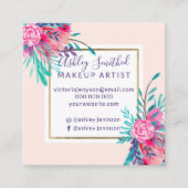 金ゴールドフレームのピンクの花の水彩画の化粧 スクエア名刺 (正面)