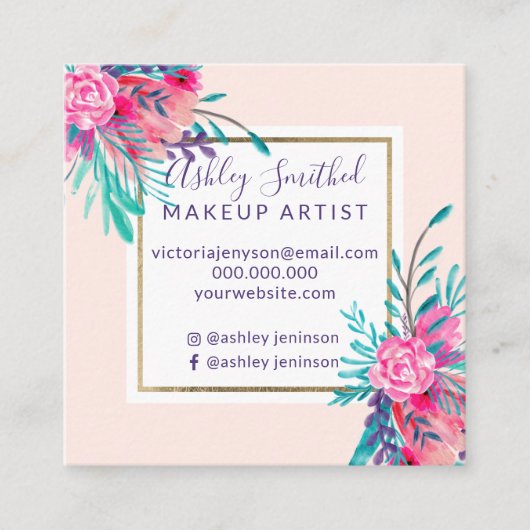 金ゴールドフレームのピンクの花の水彩画の化粧 スクエア名刺 (正面)