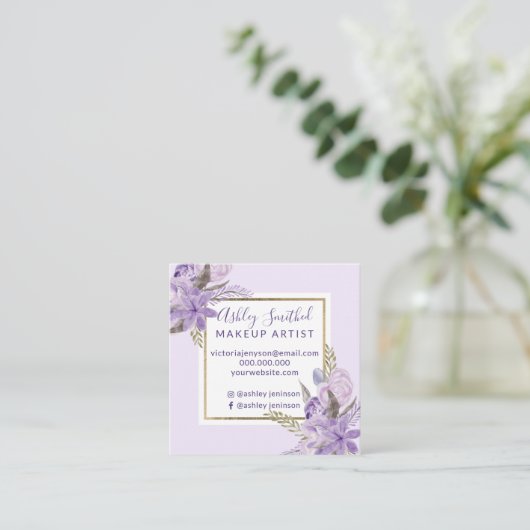 金ゴールドフレームのラベンダーの花の水彩画の化粧 スクエア名刺 (スタンド正面)