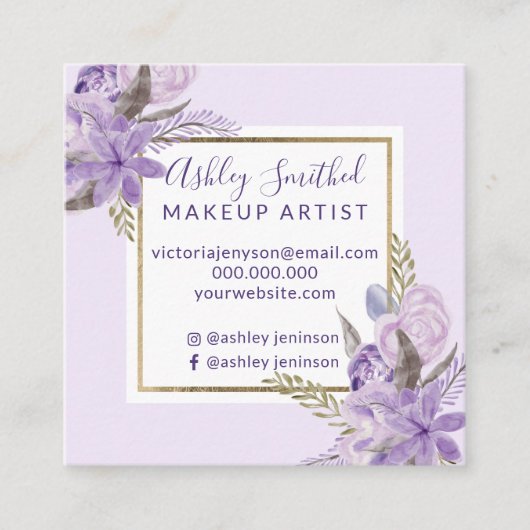 金ゴールドフレームのラベンダーの花の水彩画の化粧 スクエア名刺 (正面)