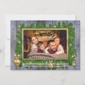 金ゴールドフレームの松の風化木材クリスマスフォト シーズンカード (正面)