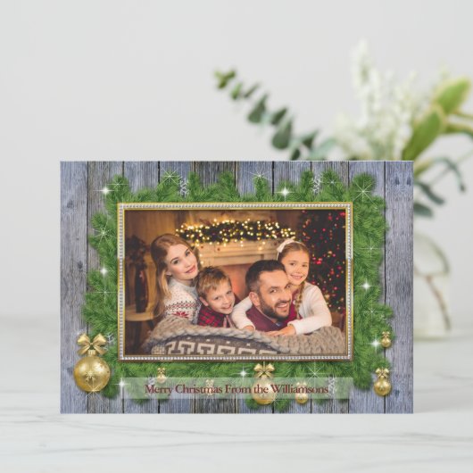 金ゴールドフレームの松の風化木材クリスマスフォト シーズンカード (スタンド正面)