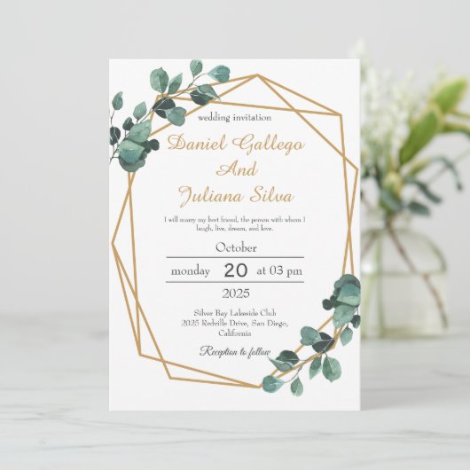 金ゴールドフレームの緑の幾何学的結婚式招待状 招待状 (スタンド正面)