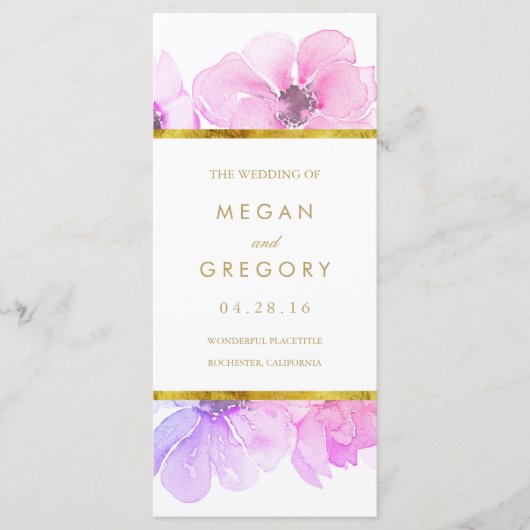 金ゴールドフレームの青と紫のフローラ結婚式 プログラム (正面)