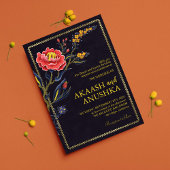 金ゴールドフレームインディアンワイルドフラワー結婚ズ 招待状