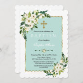 金ゴールドフレームウォーターカラーホワイト開花フローラバプテスマ 招待状 (正面/裏面)