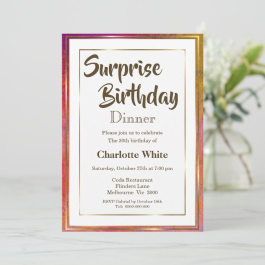 金ゴールドフレームエレガントサプライズ50th誕生日ディナー 招待状 (スタンド正面)