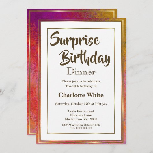 金ゴールドフレームエレガントサプライズ50th誕生日ディナー 招待状 (正面/裏面)