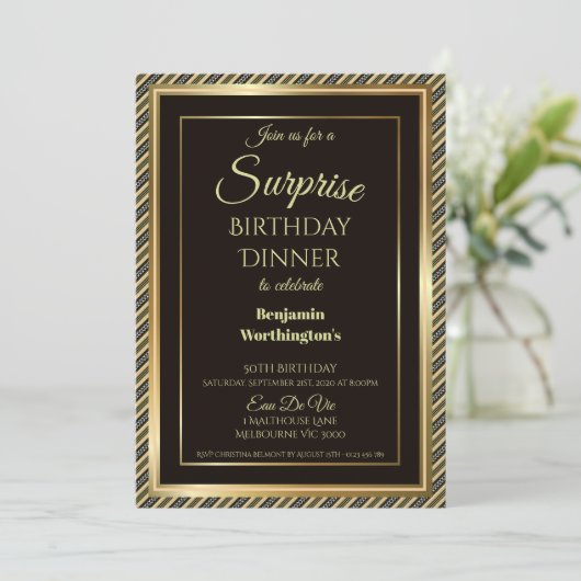 金ゴールドフレームエレガントサプライズ50th誕生日ディナー 招待状 (スタンド正面)
