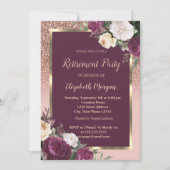 金ゴールドフレームエレガントブルゴーニュバラ退職 招待状 (正面)