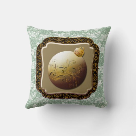 金ゴールドフレームガラスオーナメントグリーンフローラレースフェイク クッション (裏面)