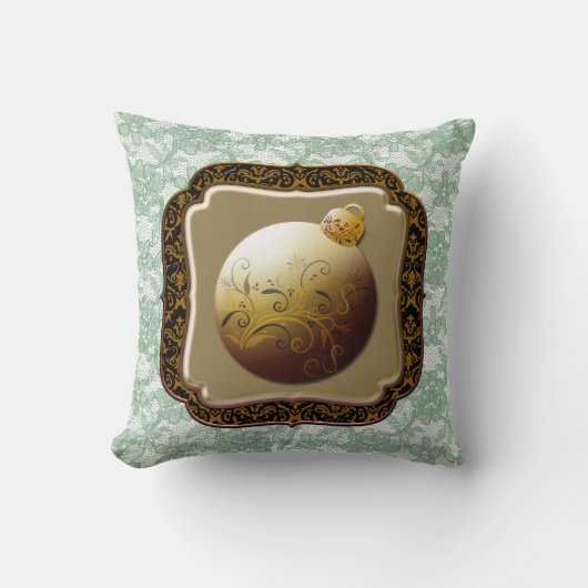 金ゴールドフレームガラスオーナメントグリーンフローラレースフェイク クッション (正面)