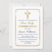 金ゴールドフレームグリッターネイビーブルーファースト聖餐式 招待状 (正面)