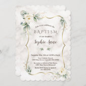 金ゴールドフレームグリーンリーホワイトフローラマーブルバプテスマ 招待状 (正面/裏面)