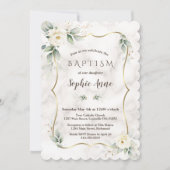 金ゴールドフレームグリーンリーホワイトフローラマーブルバプテスマ 招待状 (正面)