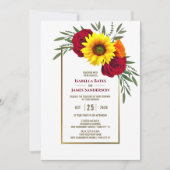 金ゴールドフレームサンフラワーブルゴーニュ結婚バラ 招待状 (正面)