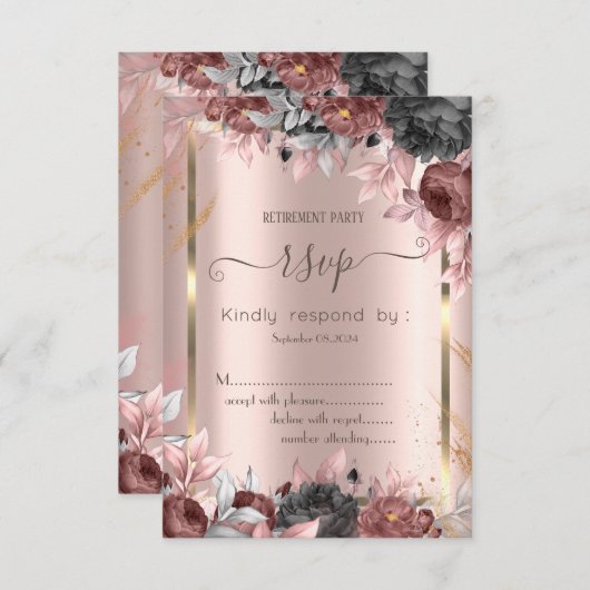 金ゴールドフレームシックバラ16出欠 招待状 (正面/裏面)