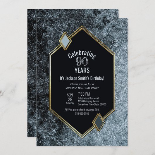 金ゴールドフレームシルバーサプライズ90thバースデーパーティー 招待状 (正面/裏面)