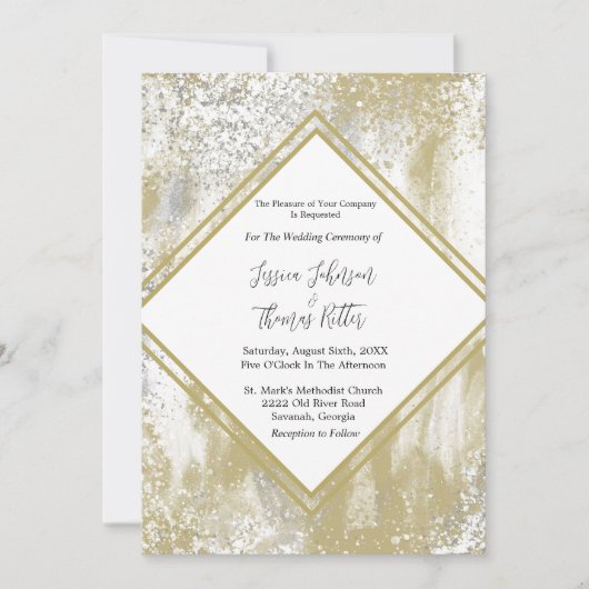 金ゴールドフレームシルバー&金ゴールド(ばちゃばちゃ)跳ねる結婚抽象芸術 招待状 (正面)