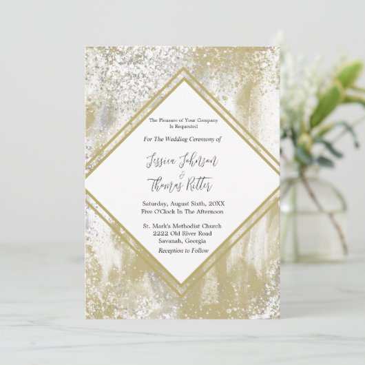 金ゴールドフレームシルバー&金ゴールド(ばちゃばちゃ)跳ねる結婚抽象芸術 招待状 (スタンド正面)