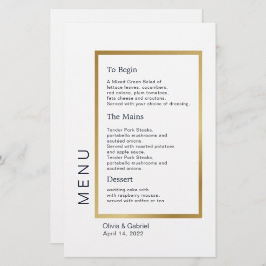 金ゴールドフレームシンプルタイポグラフィクラシック結婚のメニュー (正面/裏面)