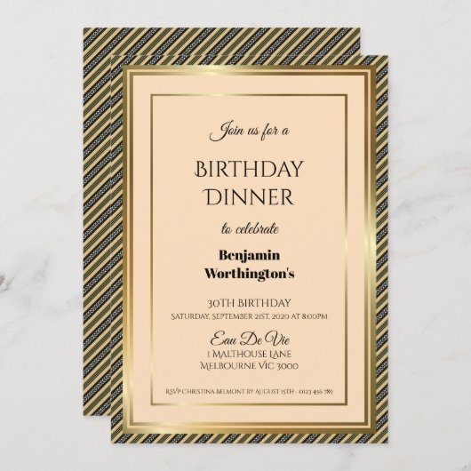 金ゴールドフレームストライプの30th誕生日ディナー招待状 招待状 (正面/裏面)
